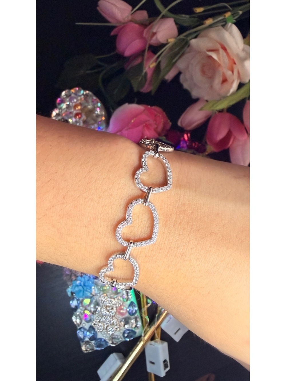 Silver Heart Link Bracelet with Rhinestone Accents